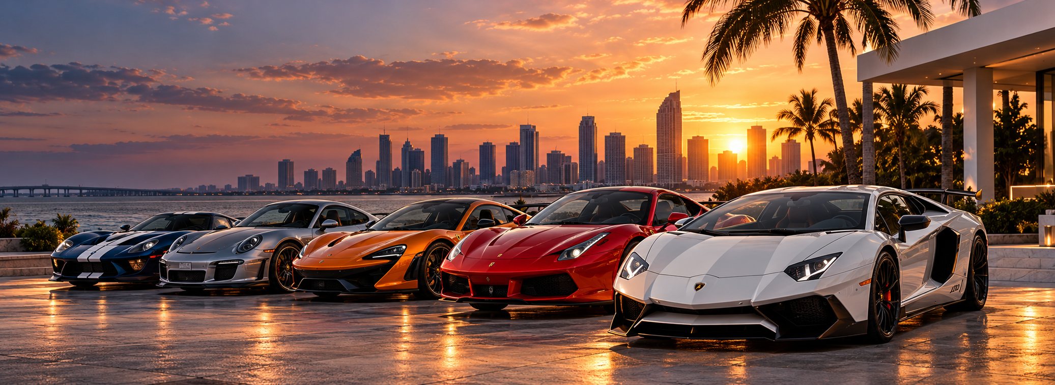 Exotic car overlooking a Miami skyline at dusk