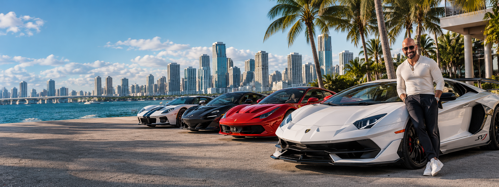 Exotic car overlooking a Miami skyline at dusk