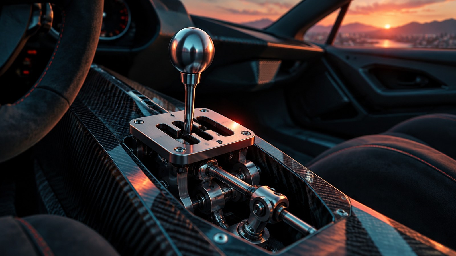 Illustration of a polished gated manual gear shifter with exposed linkage in a carbon-fiber supercar cabin at dusk