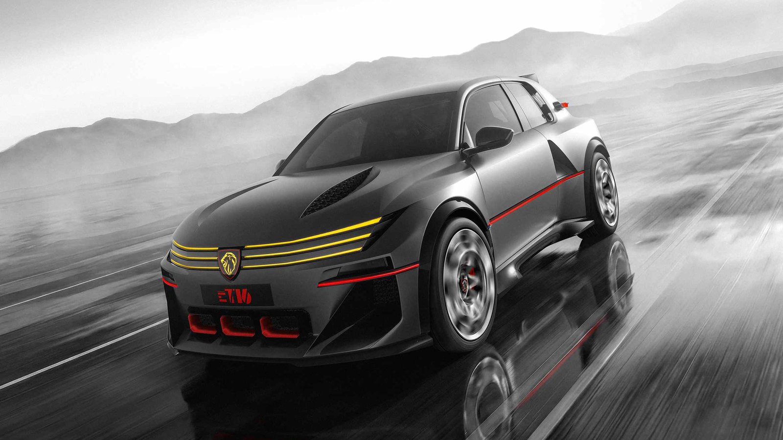 Matte grey Peugeot E-T16 concept hatchback driving on a wet road, with three yellow light bars across the nose, a vented hood and a red stripe along the side