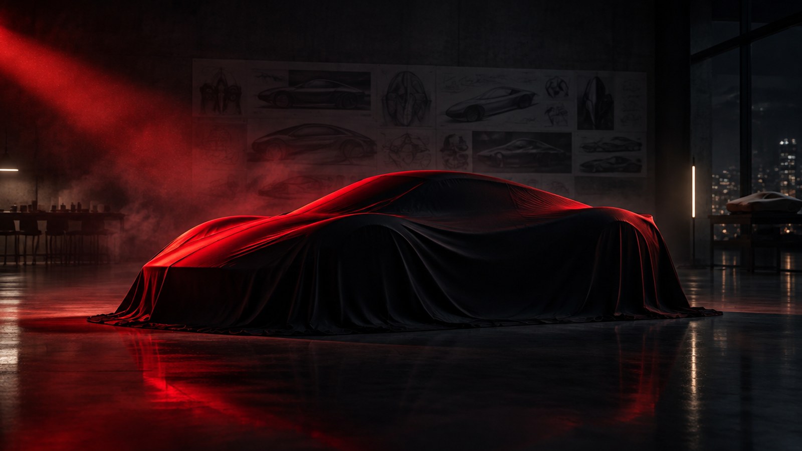 Illustration of a low sports car shape hidden under a dark fitted cover in a dim design studio at night, lit by a single red beam, with design sketches on the wall behind