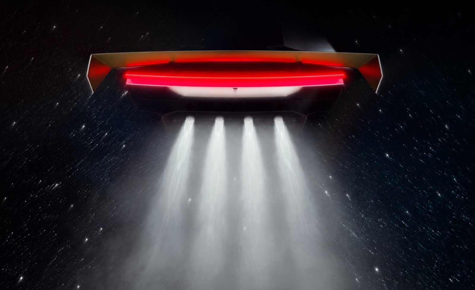 Tesla's Roadster teaser shown right side up: the rear of a dark car with a wide wing and a glowing red full-width light bar on top, and four bright white plumes streaming down from beneath it against a starfield